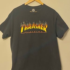 Thrasher Magazine T- Shirt Black with RED/BLK/YLW Flame sz l/g